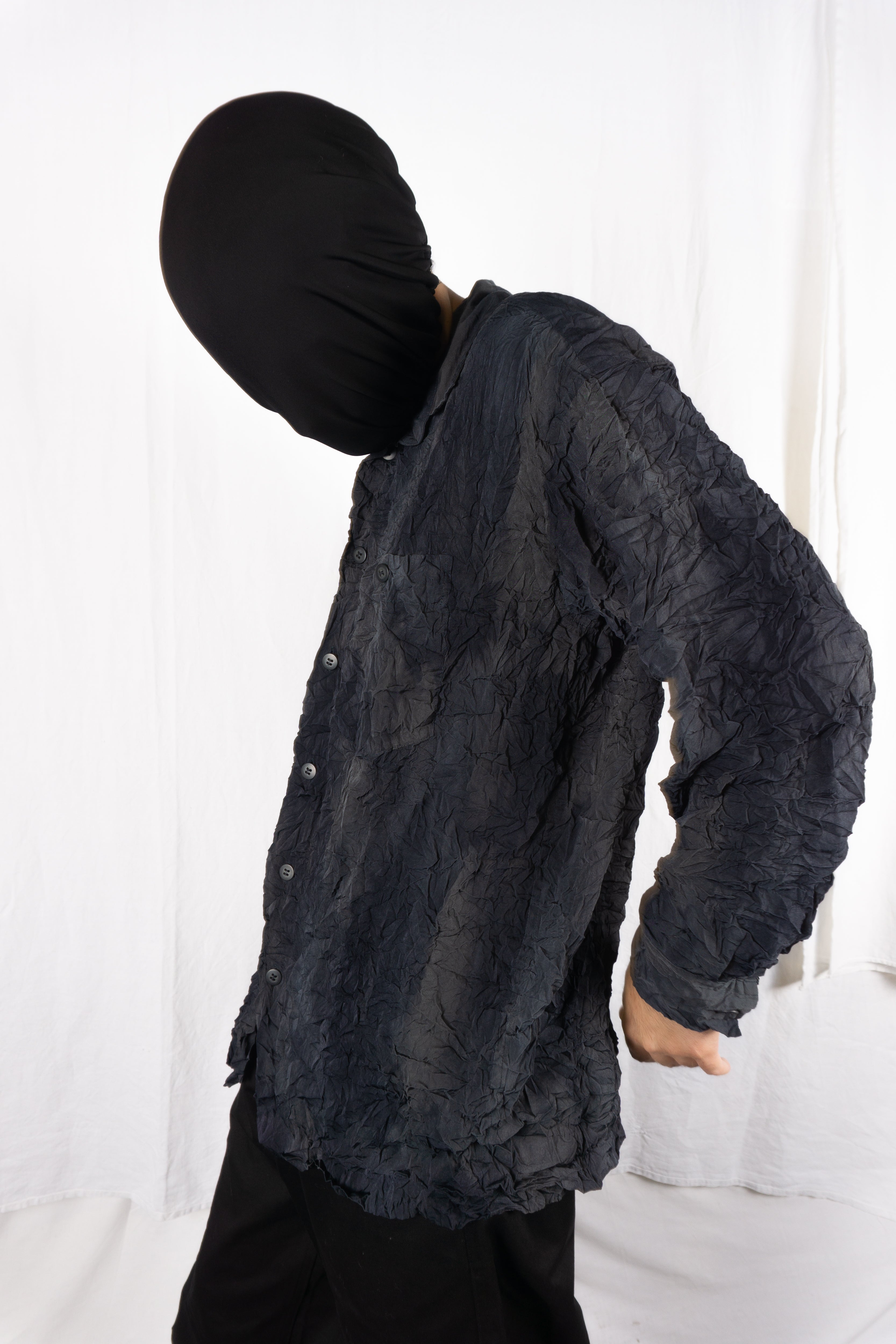 Issey Miyake AW93 crinkle shirt – worn view | Recente Studio