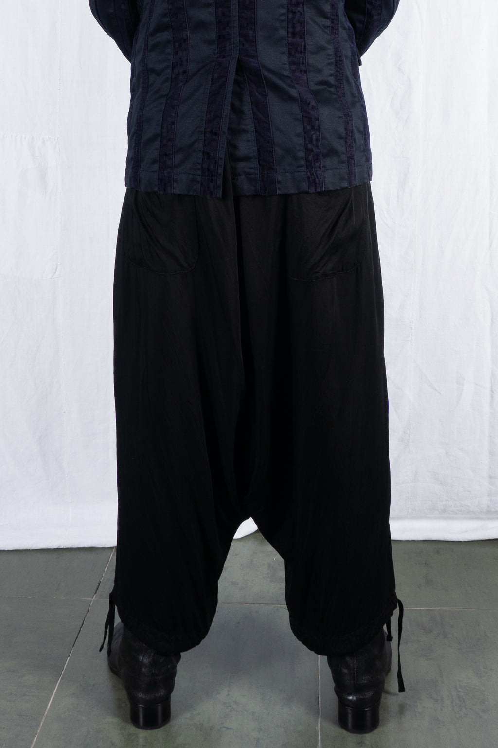 Yohji Yamamoto Pour Homme SS19 low-rise pants – worn view | Recente Studio