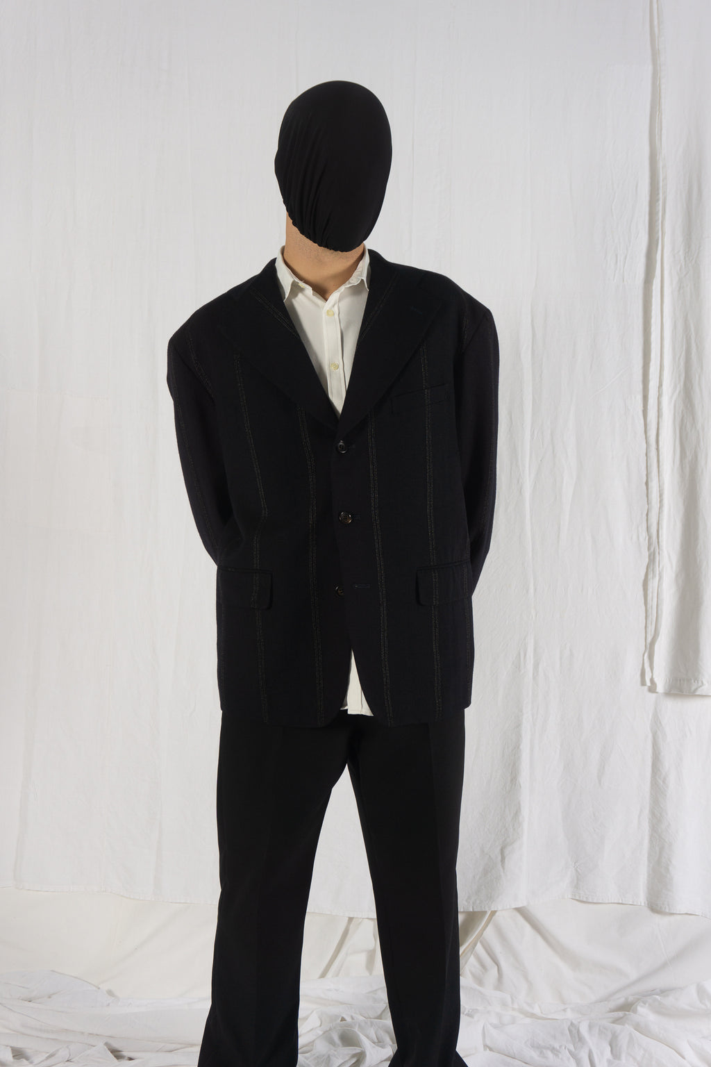 Comme des Garçons Homme Plus A/W 1985 oversize pinstripe jacket – side view | Recente Studio
