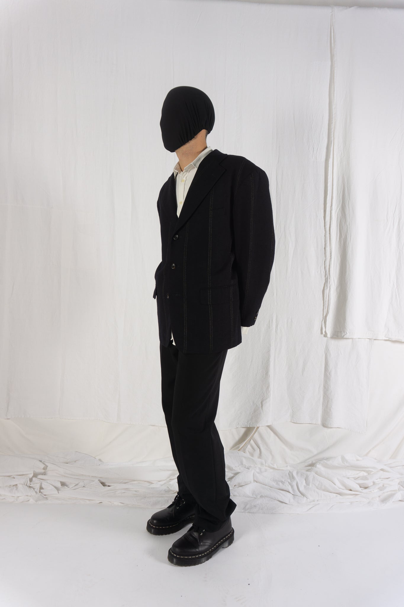 Comme des Garçons Homme Plus AW85 oversize pinstripe jacket – collar detail | Recente Studio