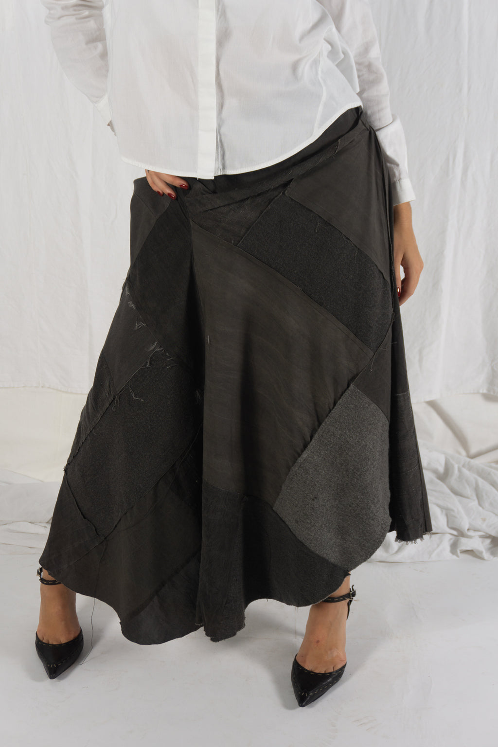 Junya Watanabe A/W 2002 patchwork skirt – side view | Recente Studio