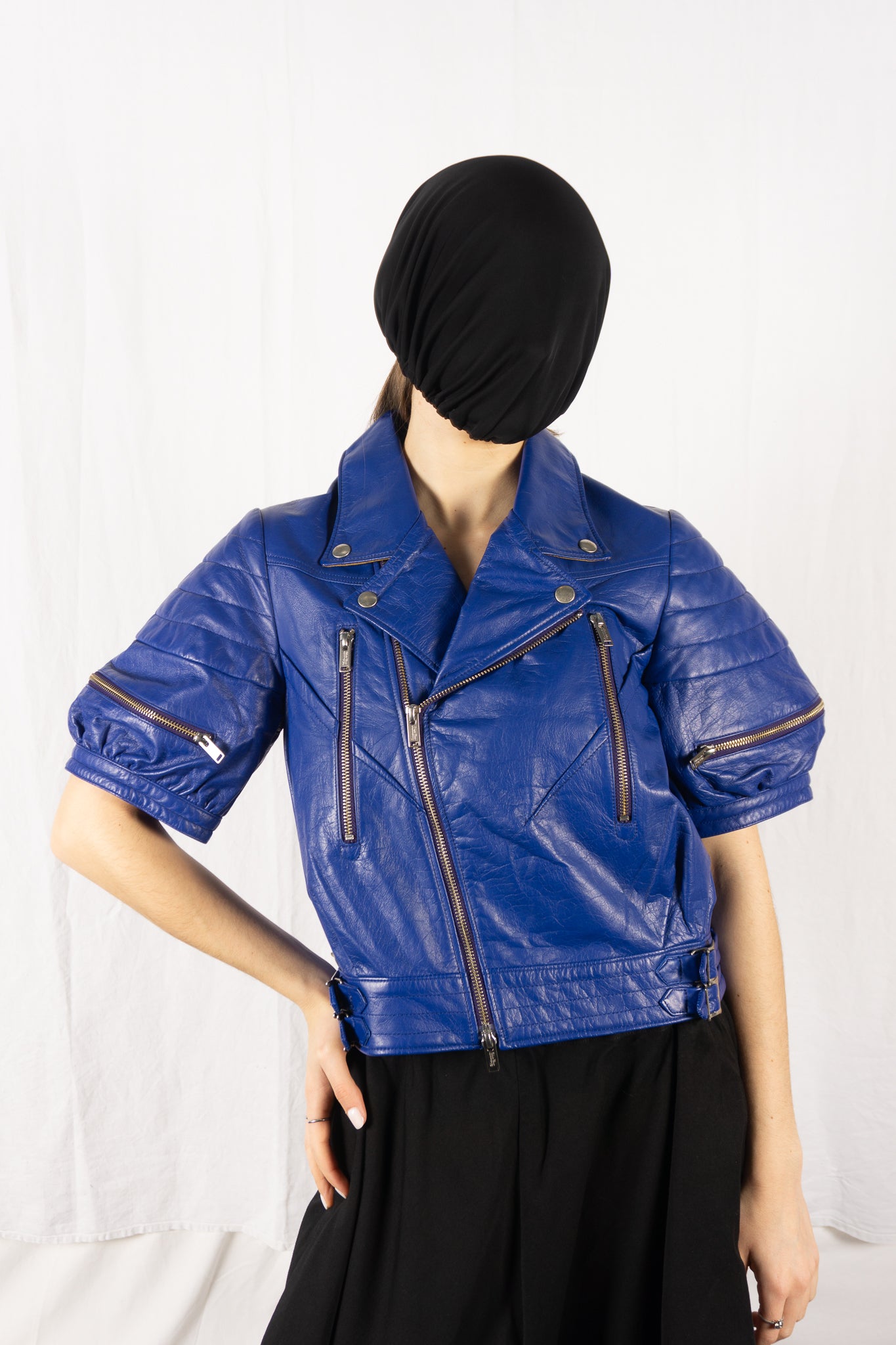 Undercover S/S 2013 biker jacket leather blue – front view | Recente Studio