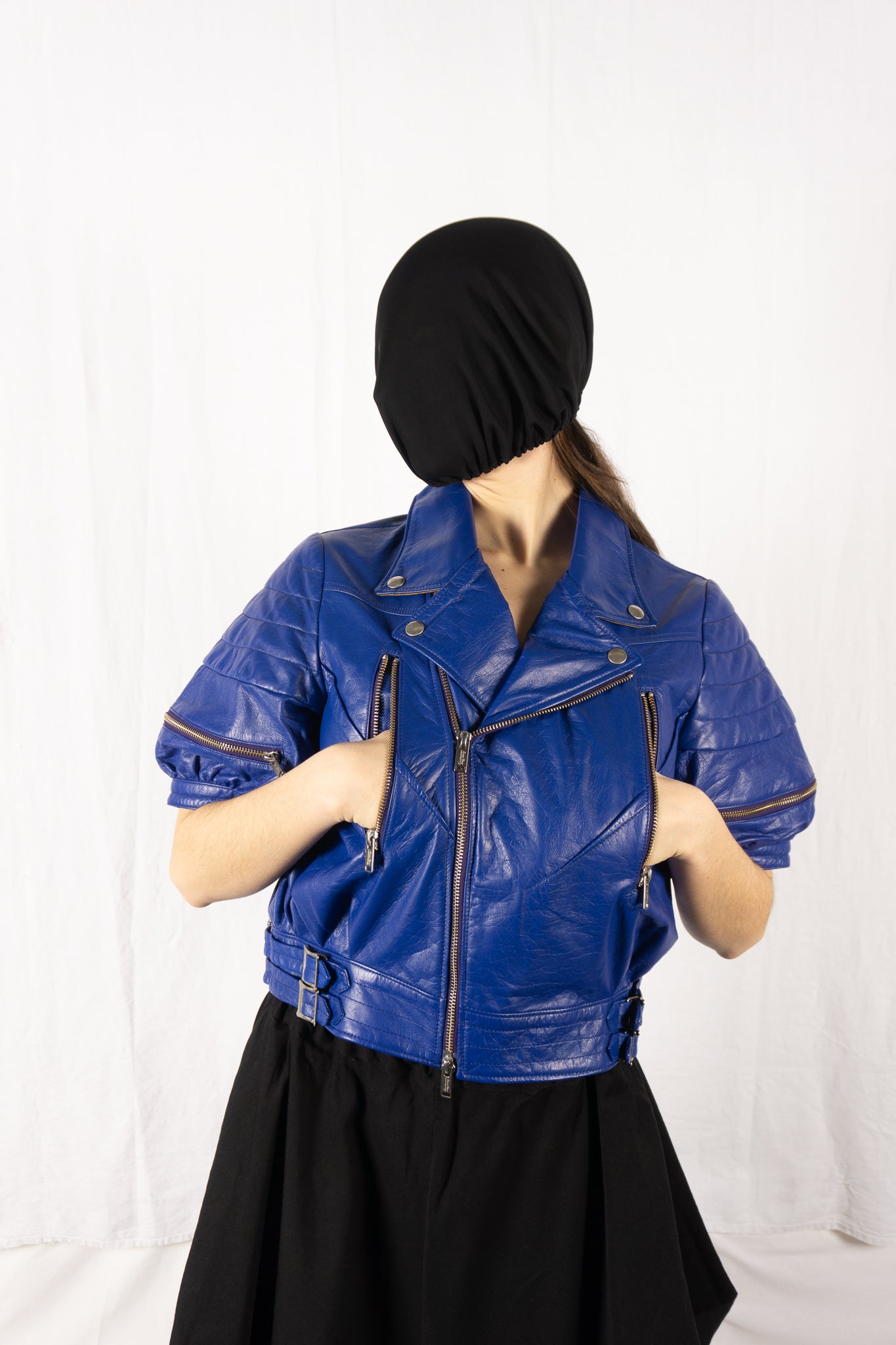 Undercover SS13 biker jacket leather blue – side view | Recente Studio
