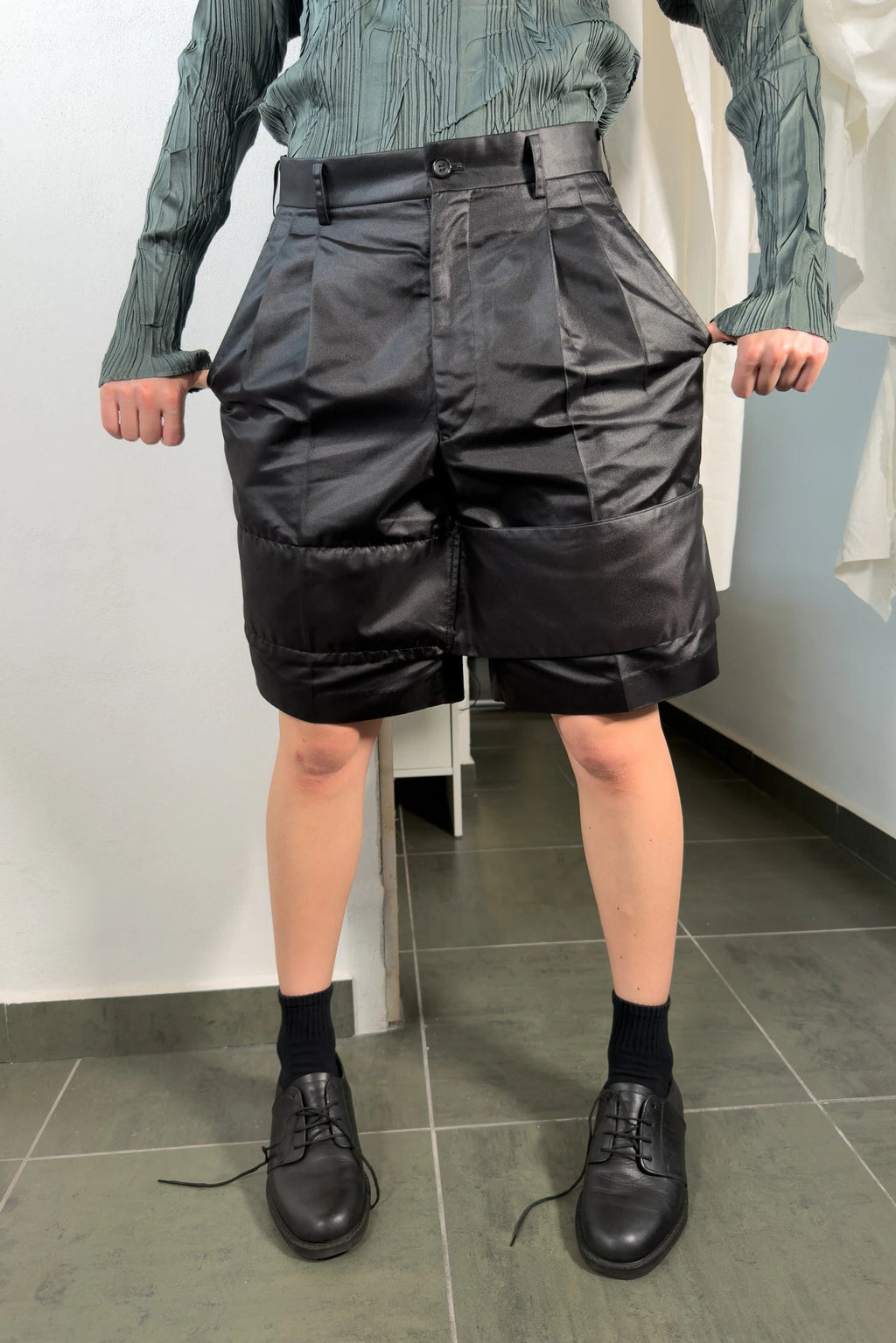 Comme des Garçons SS11 asymmetrical shorts – front view | Recente Studio