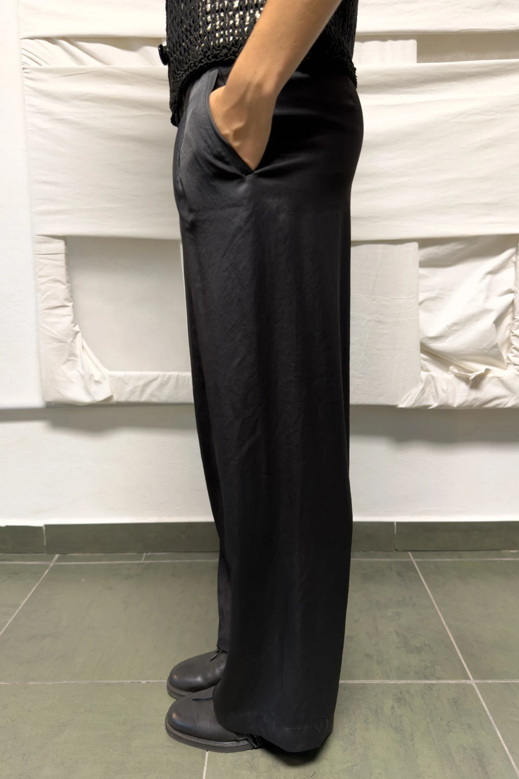 Issey Miyake S/S 2023 wide soft pants – side view | Recente Studio