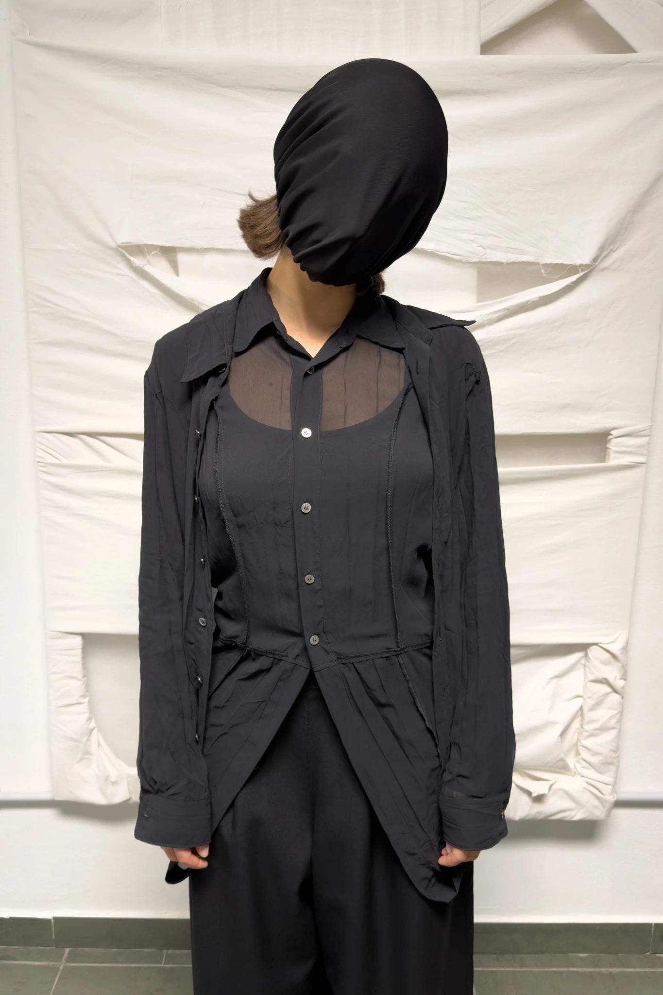Junya Watanabe long double-layered shirt – front detail view | Recente Studio