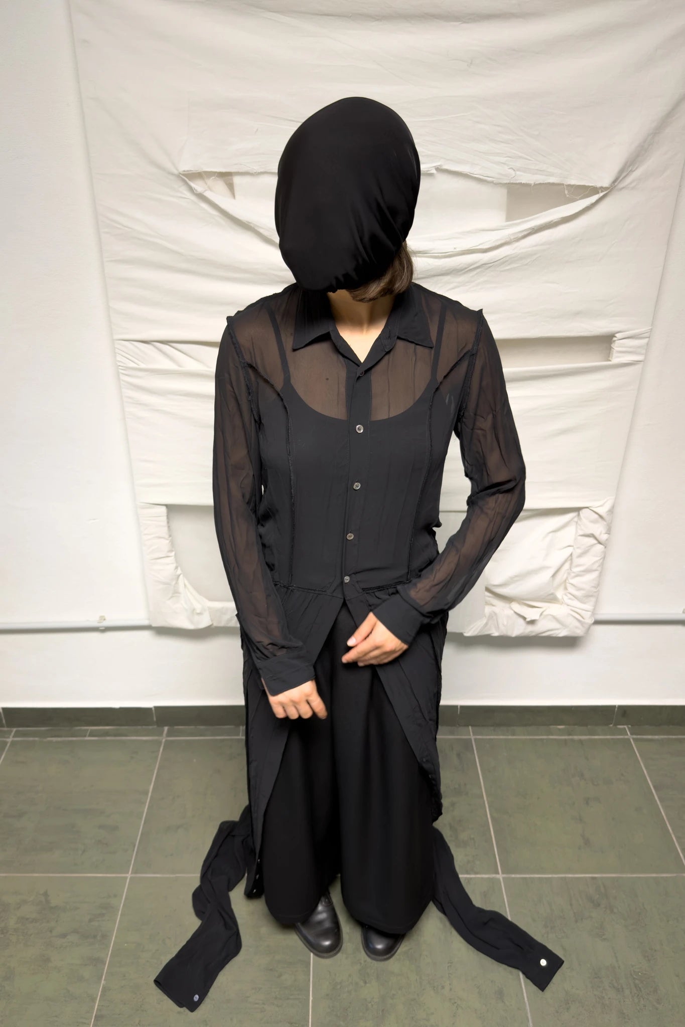 Junya Watanabe long double-layered shirt – front three-quarter view | Recente Studio