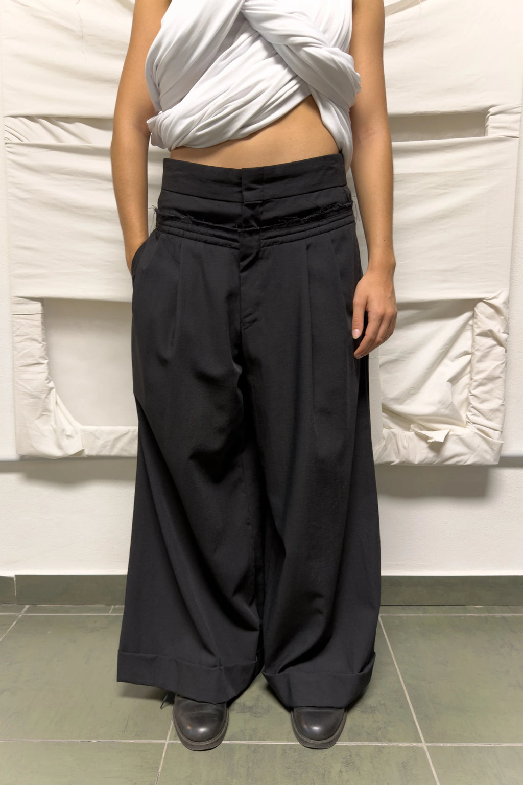 Comme des Garçons S/S 2002 deconstructed wide pants – detail view | Recente Studio