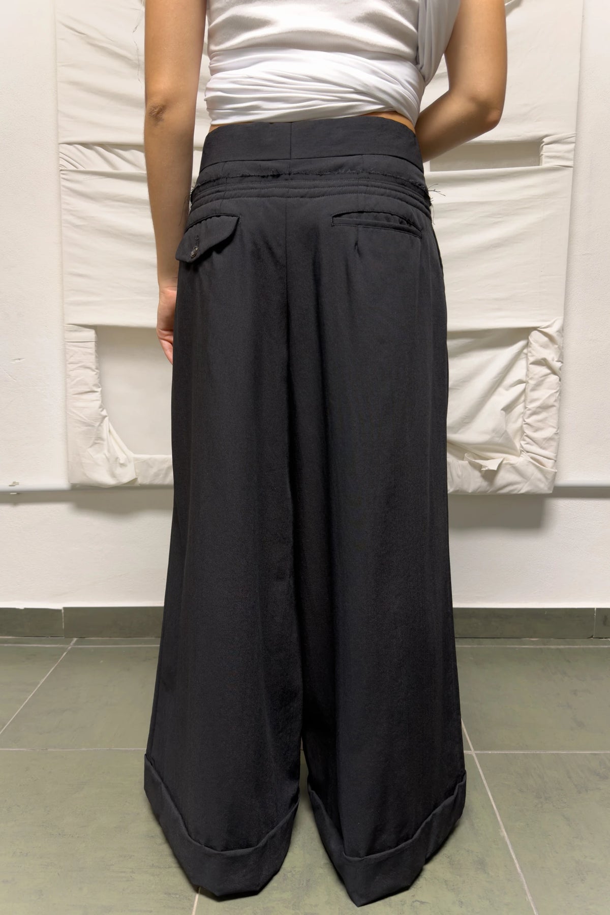 Comme des Garçons S/S 2002 deconstructed wide pants – three-quarter view | Recente Studio