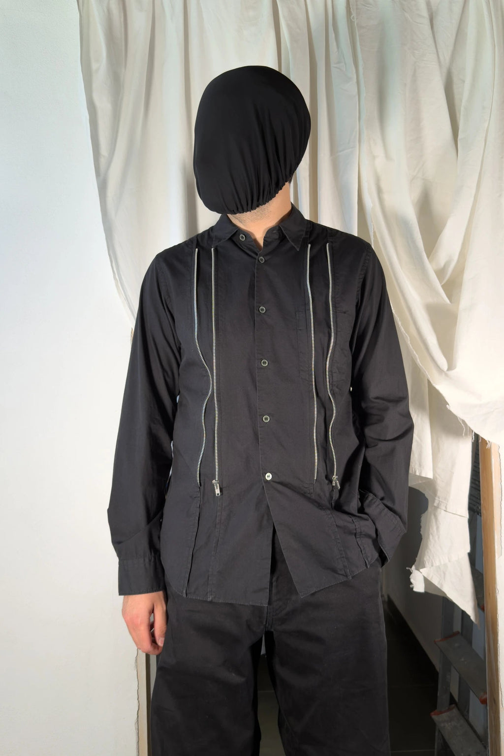 BLACK Comme des Garçons S/S 2019 zips shirt – front view | Recente Studio