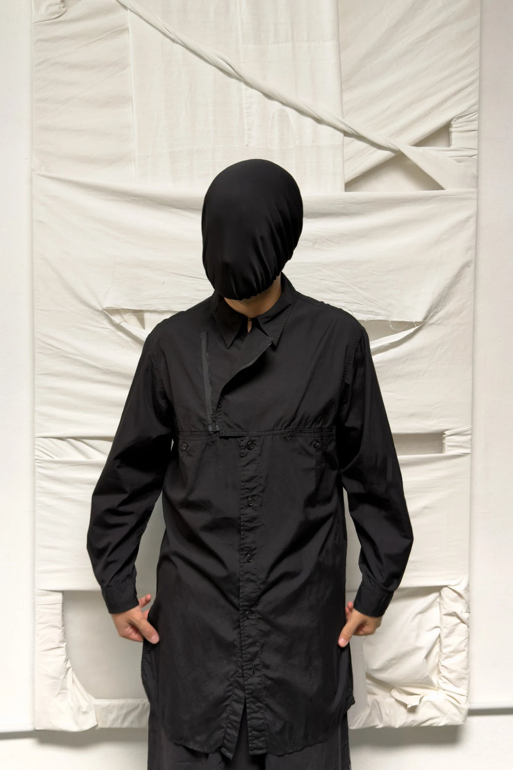 Yohji Yamamoto Pour Homme A/W 2024 deconstructed zip shirt – front detail view | Recente Studio