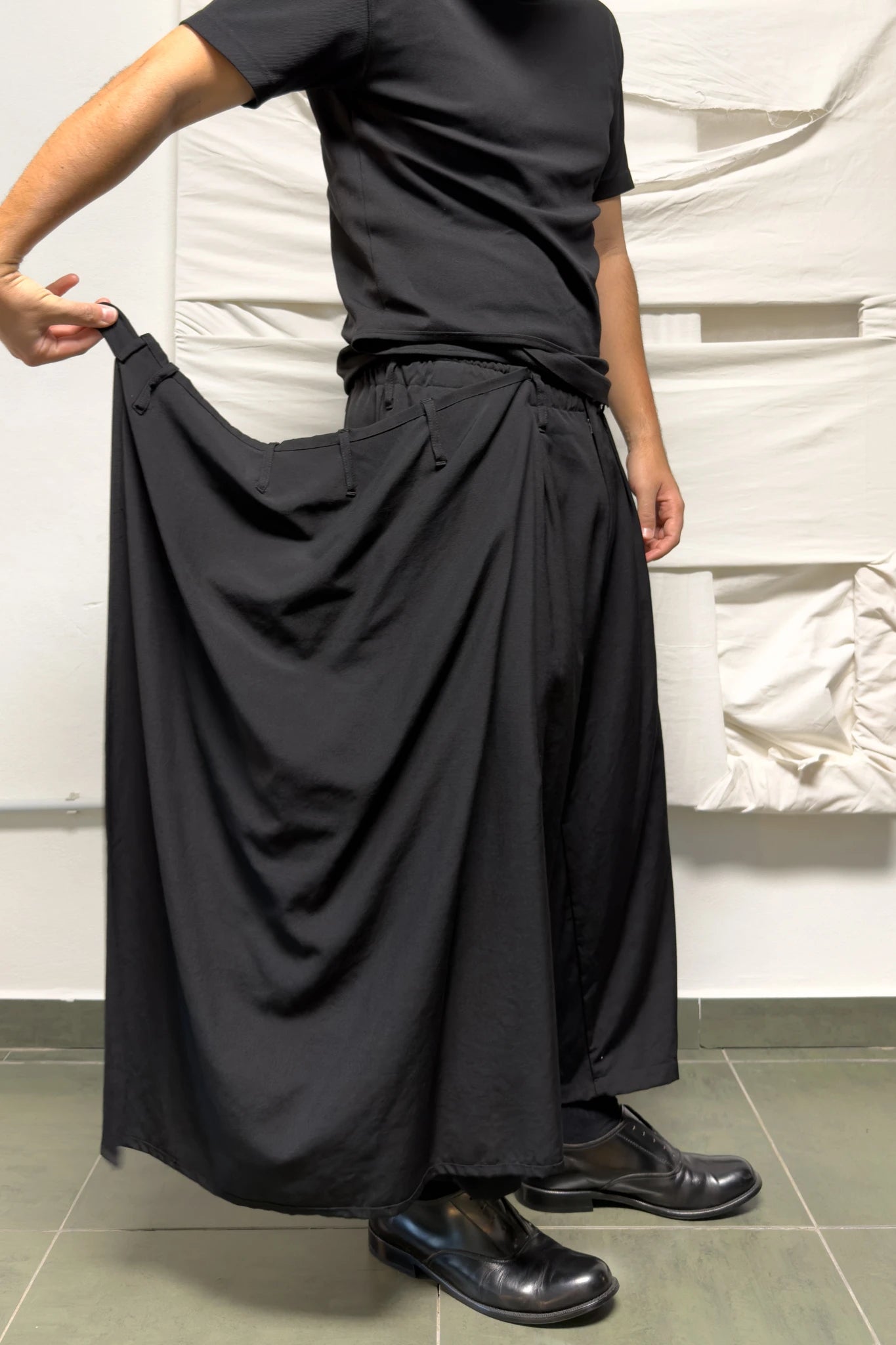 Yohji Yamamoto Pour Homme S/S 2014 wide-leg skirt-panel pants – side view | Recente Studio